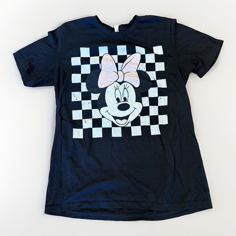 Disney Minnie Mouse Checkerboard Graphic T Shirt Adult Large Black Cotton Tee